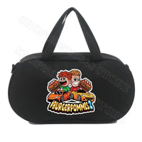 Black duffel bag with cartoon graphic.