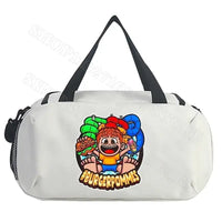 White duffel bag with cartoon graphic.