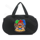 Black duffel bag with cartoon.