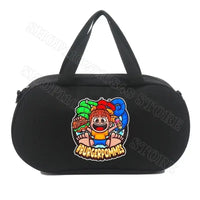 Black duffel bag with cartoon.