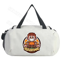 White duffel bag with cartoon graphic.