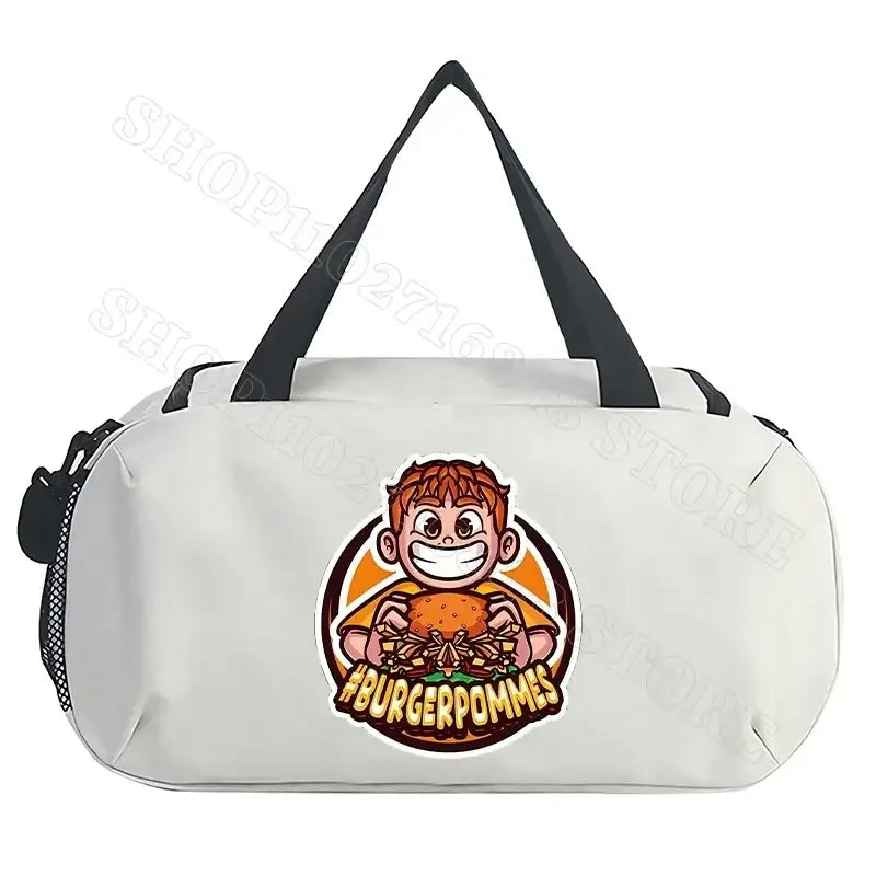 White duffel bag with cartoon graphic.