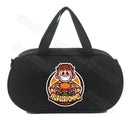Black duffel bag with cartoon graphic.