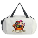 White duffel bag with cartoon graphic.