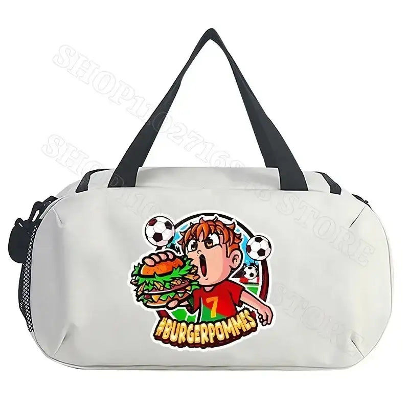 White duffel bag with cartoon graphic.