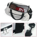 White duffel bag with black accents.