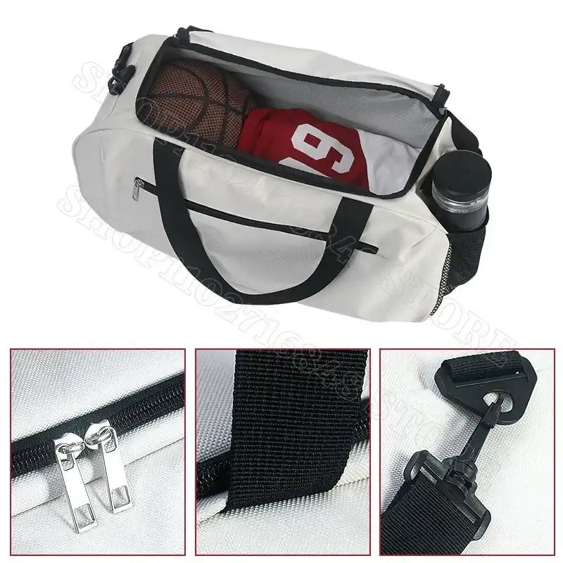 White duffel bag with black accents.