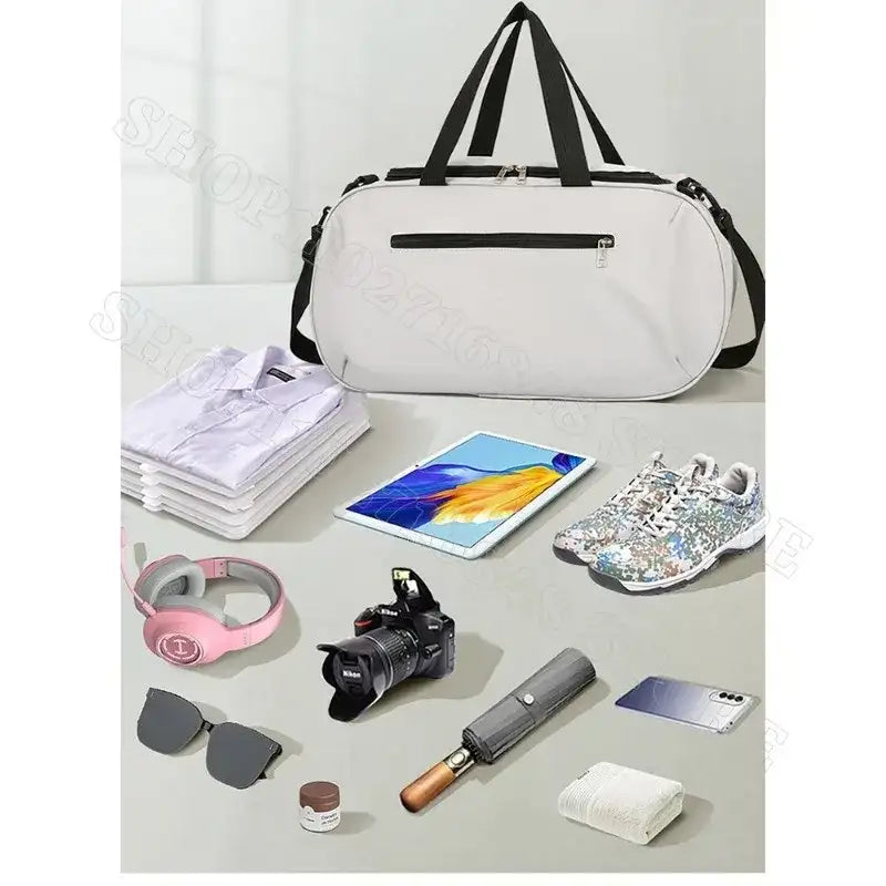 White duffel bag with black straps.