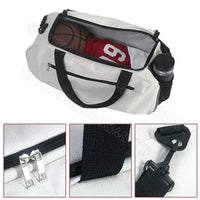 White duffel bag with black accents.