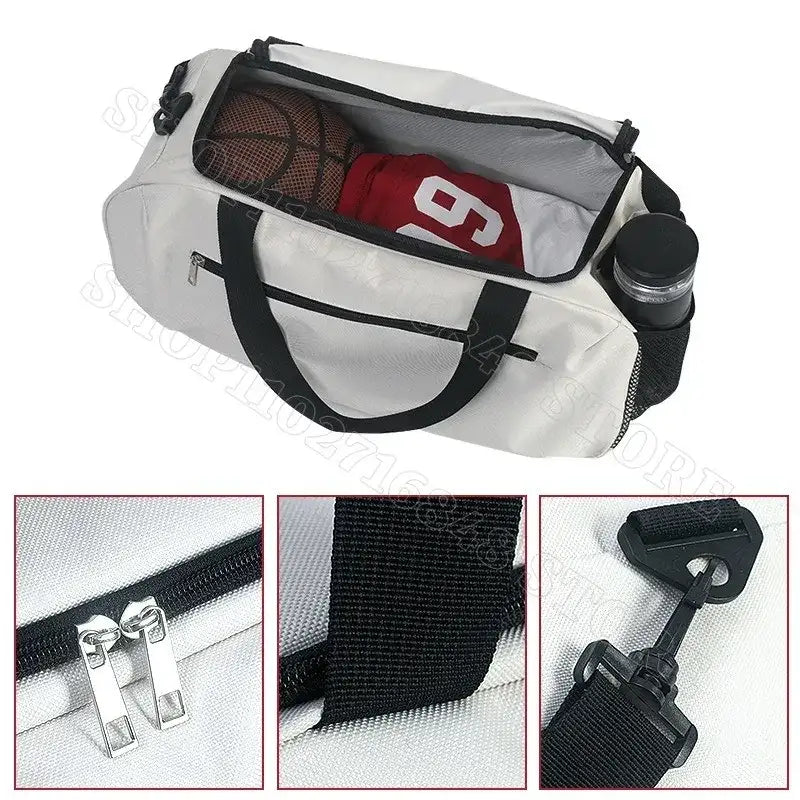 White duffel bag with black accents.