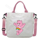 White tote bag with pink accents and Care Bear design.