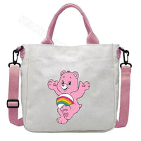 White tote bag with pink accents and Care Bear design.