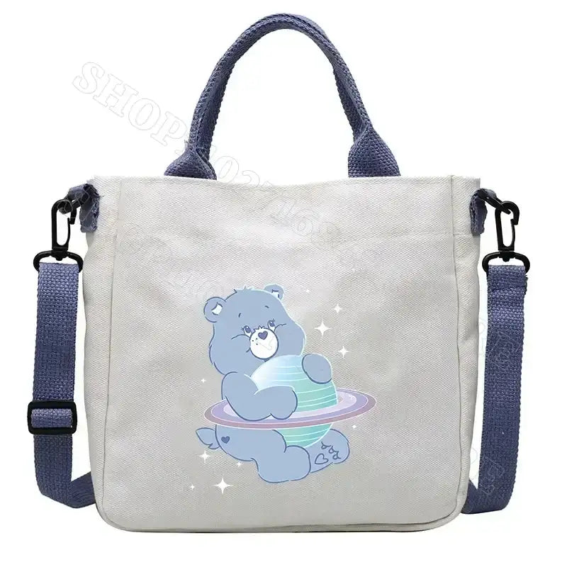 Canvas tote bag with bear graphic.
