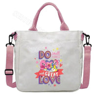 White canvas tote bag with pink accents.