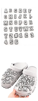 Customizable letter and number shoe charms.