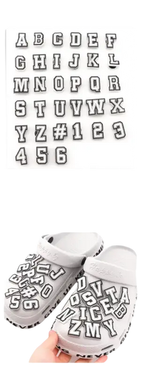 Customizable letter and number shoe charms.
