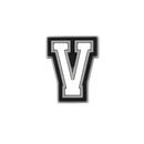 White letter V with black and gray trim.