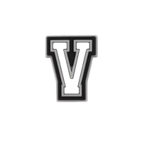 White letter V with black and gray trim.