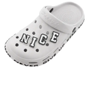 White clog with letter and number charms.