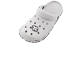 White clog with letter and number charms.