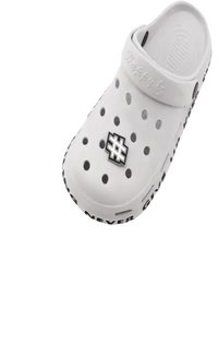White clog with letter charms.
