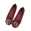 Pair of burgundy patent leather flats with gold embellishments.