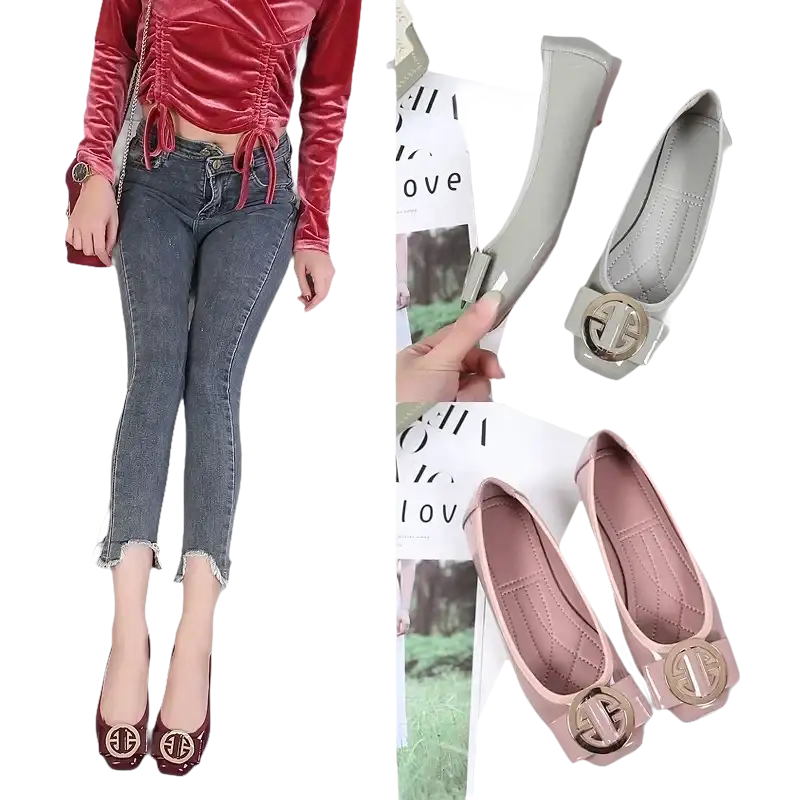 Patent leather ballet flats with decorative buckle.