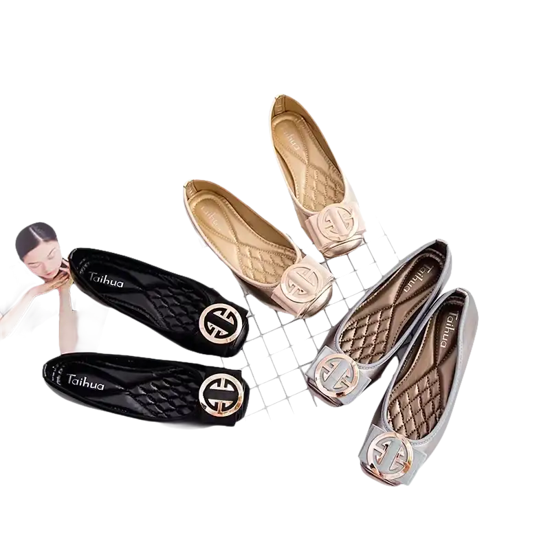 Shiny ballet flats with decorative buckles.