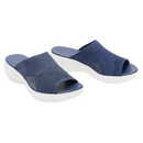 Pair of blue knit wedge sandals.