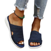 Blue knit slide sandals.