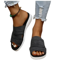 Gray knit slide sandals.