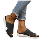 Gray knit slide sandals.