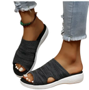 Gray knit slide sandals.