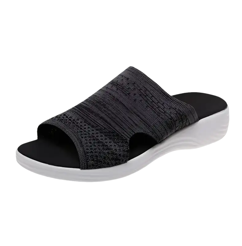 Gray knit slide sandal.
