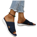 Navy blue knit slide sandals.