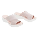Pair of pink knit slide sandals.