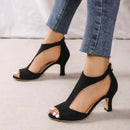 High Heel Womens Fashion Shoes - Zipper Back Closure Chunky French Heel Round Toe T-strap Design Faux Leather Upper