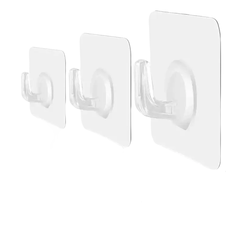 Transparent adhesive wall hooks.