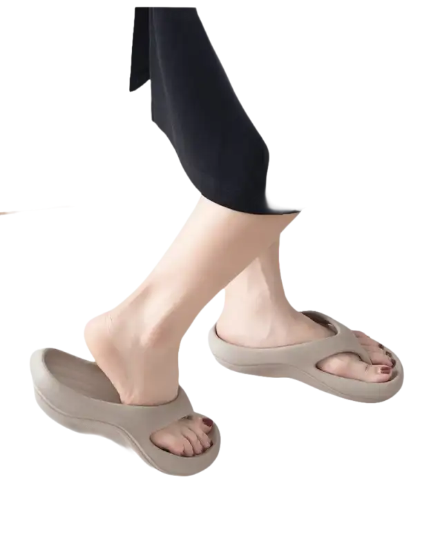 Beige platform flip-flops.