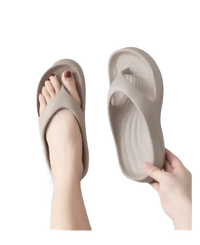 Beige platform flip-flops.