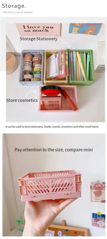 6 Color Organizing Storage Baskets Case Folding Student Desktop Basket Tape Stationery Plastic Foldable Container