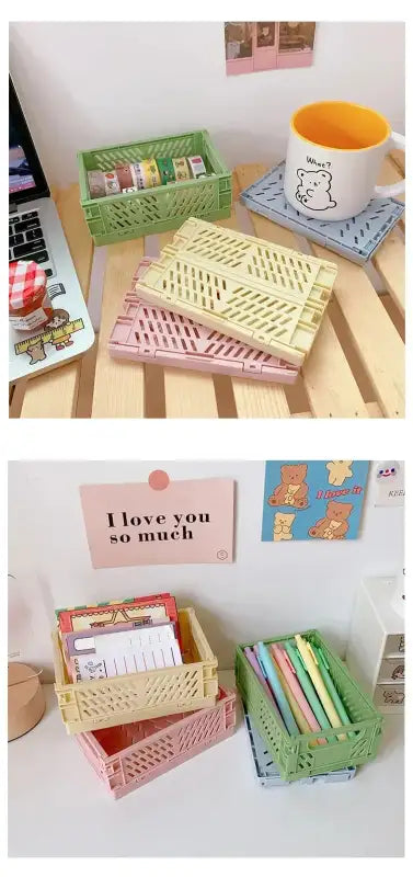 6 Color Organizing Storage Baskets Case Folding Student Desktop Basket Tape Stationery Plastic Foldable Container