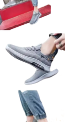 Gray athletic shoes.