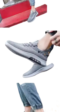 Gray athletic shoes.