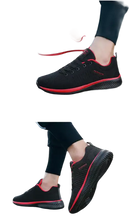 Black and red athletic shoes.