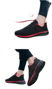 Black and red athletic shoes.