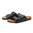 Black leather sandals with cork soles.