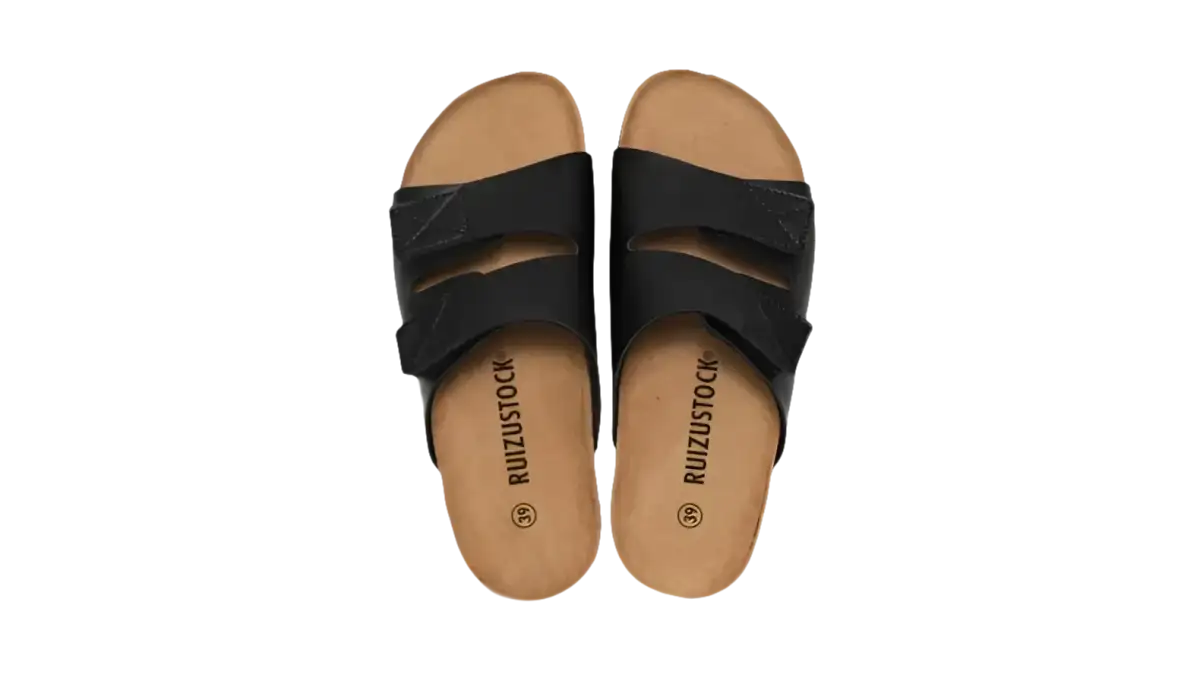 Black double-strap sandals.