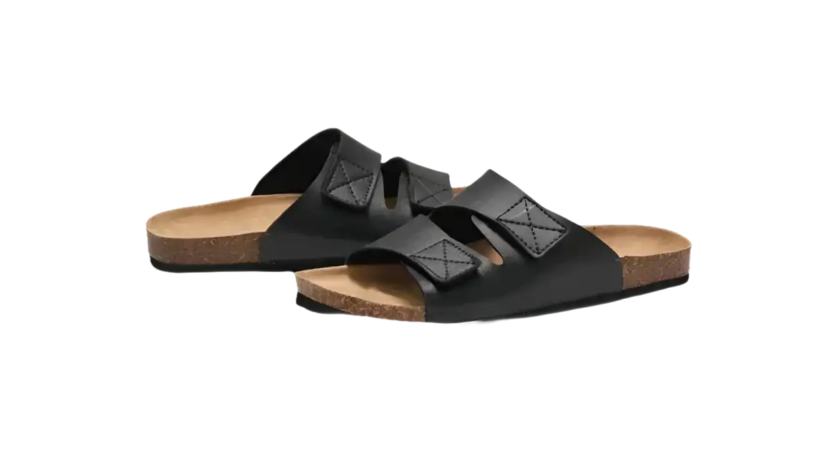 Black leather double-strap sandals.