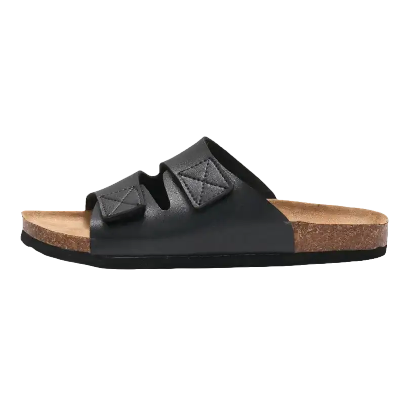 Black leather slide sandal.